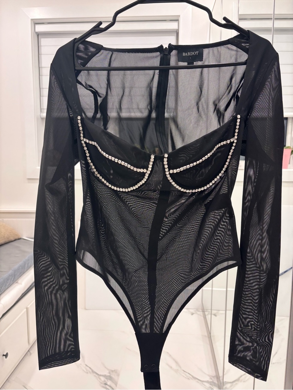 Bardot Black Sheer Mesh Long Sleeve Rhinestone-Trim Bodysuit